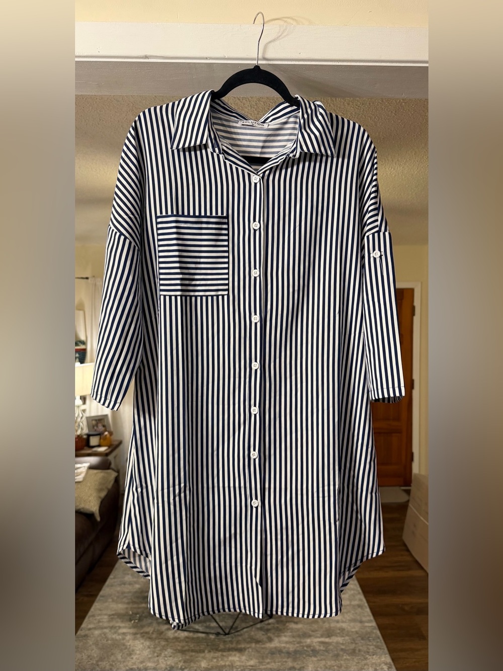 Solution Navy & White Striped Oversized Button Down Shirt Dress – Size Medium 💙🤍